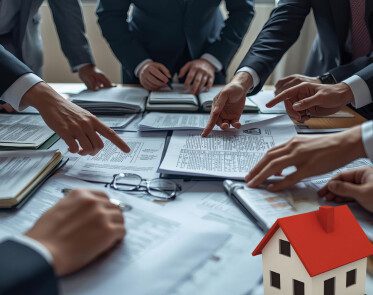 Advogado e incorporador analisando contrato de permuta imobiliária sobre mesa com plantas e documentos, representando segurança jurídica e planejamento no mercado imobiliário.