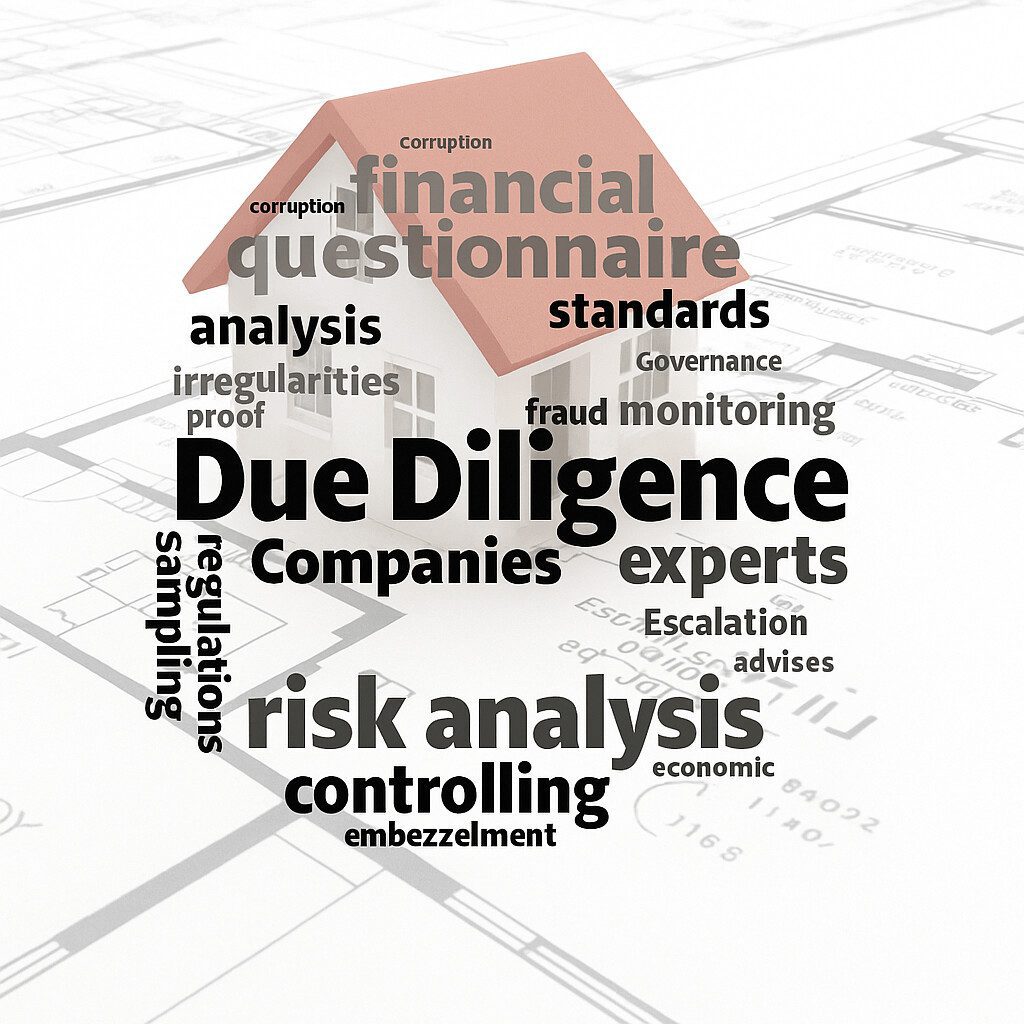 Ilustração representando a Due Diligence Imobiliária, com palavras associadas à análise de risco, auditoria jurídica e conformidade sobre uma planta de imóvel.