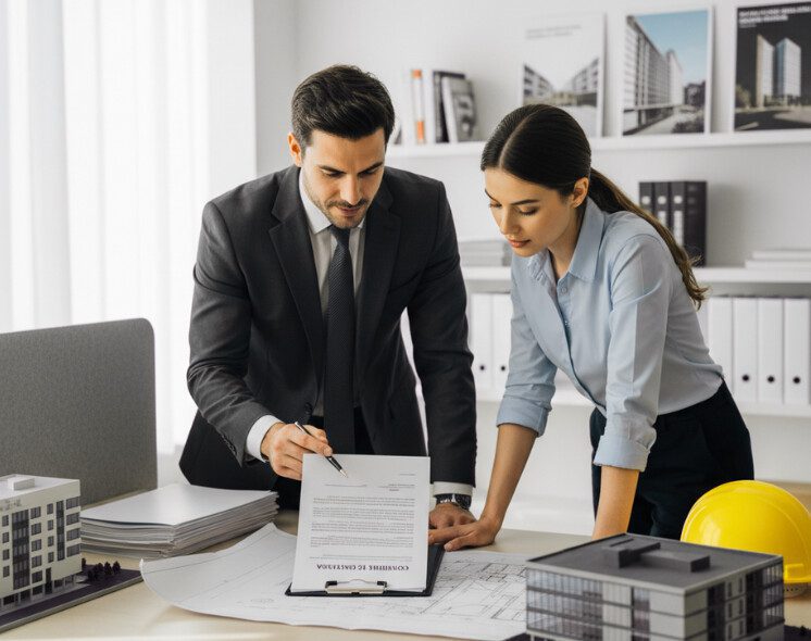 Advogado e engenheira analisando contrato de empreitada e plantas de construção.