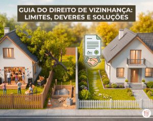 Direito de vizinhança: casas vizinhas separadas por muro, ilustrando limites do direito de propriedade, uso anormal da propriedade e convivência entre vizinhos.