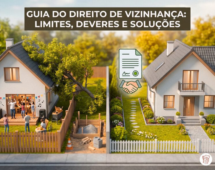 Direito de vizinhança: casas vizinhas separadas por muro, ilustrando limites do direito de propriedade, uso anormal da propriedade e convivência entre vizinhos.